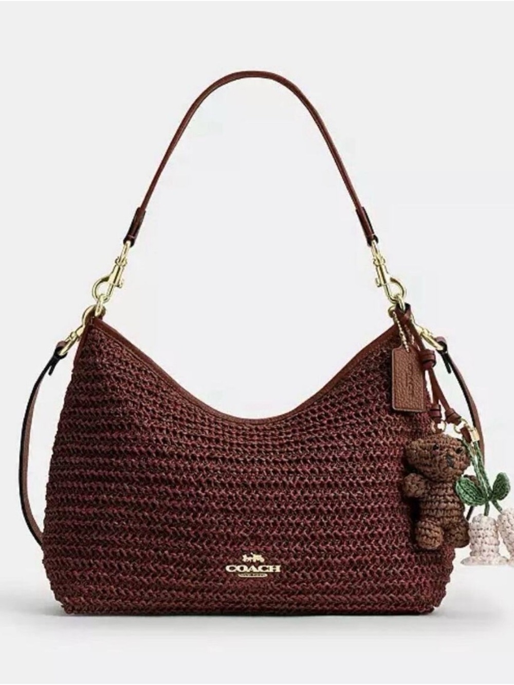♥️Coach NWT Laurel Russet Brown Woven Straw Shoulder Bag with Charms